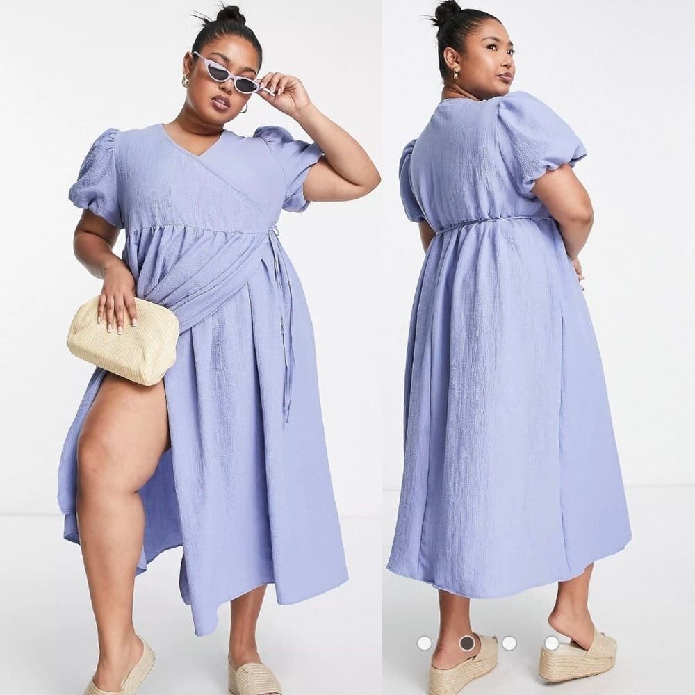 Lola May Midi Dress Dusty Blue Size Plus Size 18 Short Puff Sleeve True Wrap